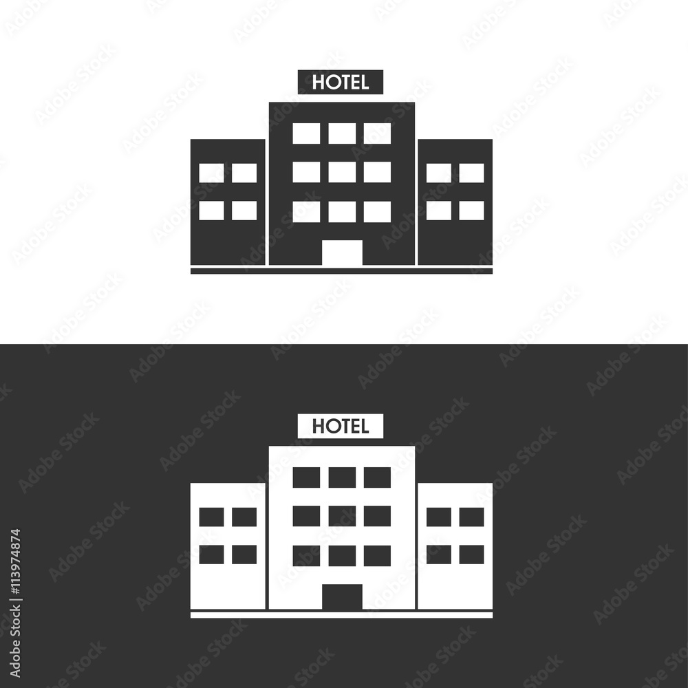 Icono de un hotel sobre fondos blanco y negro