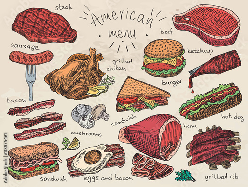 PrintAmerican menu, snack, ham, cheese, steak, hamburger, mushroom, bread, ribs, burger, fastfood, sandwich, grill, chicken, eggs, sausage, bacon, ketchup, fries