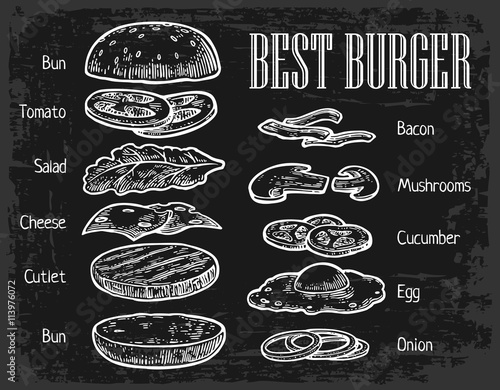 Burger ingredients on chalkboard. Isolated painted components