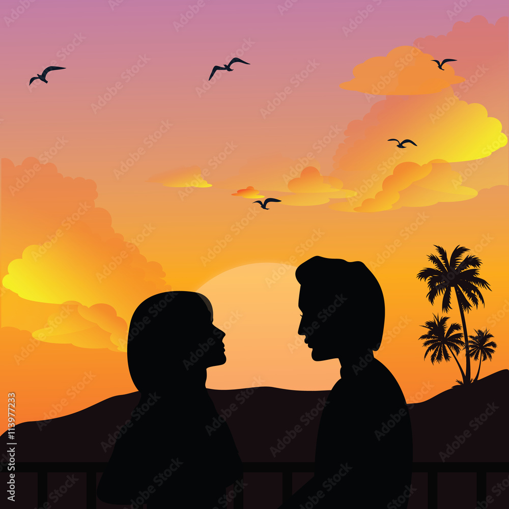 couple silhouette romance man woman girls sunset beautifull sky at beach