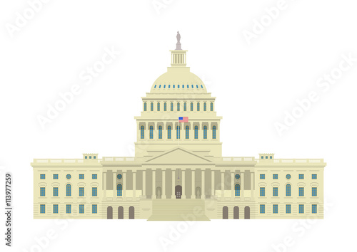 America symbol - United States Capitol building with US flag flat vector illustration. East facade. Isolated on white background. Washington DC