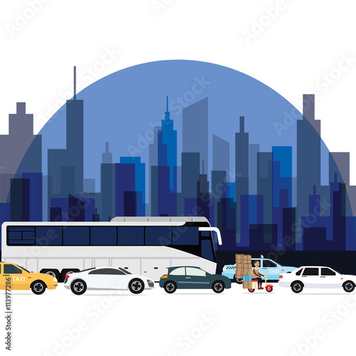 traffic jam around town cars bus and motorcycle lining with high rise building as background