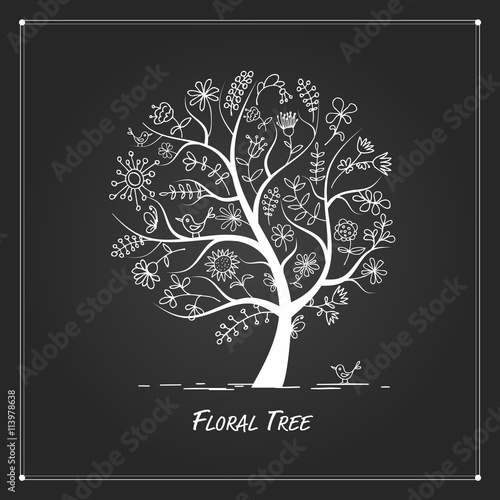 Art floral tree for your design on black background