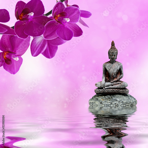 Zen or Feng-Shui background-Zen stone,orchid flowers and Buddha reflected in water