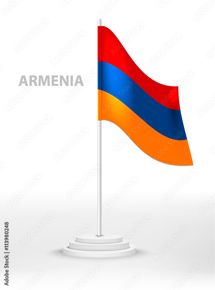 The National flag of Armenia waving on a white stand pole. Vector patriotic emblem. country national symbol on a white background
