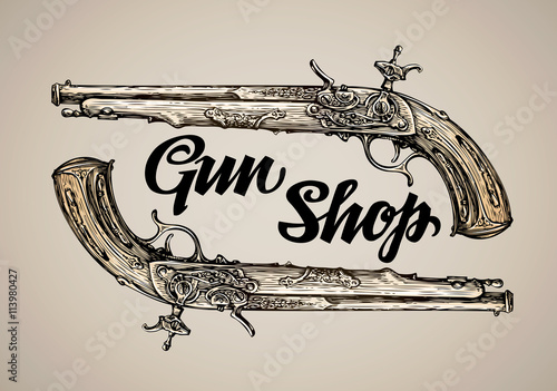 Fototapeta Vintage vector gun. Hand drawn sketch antique musket