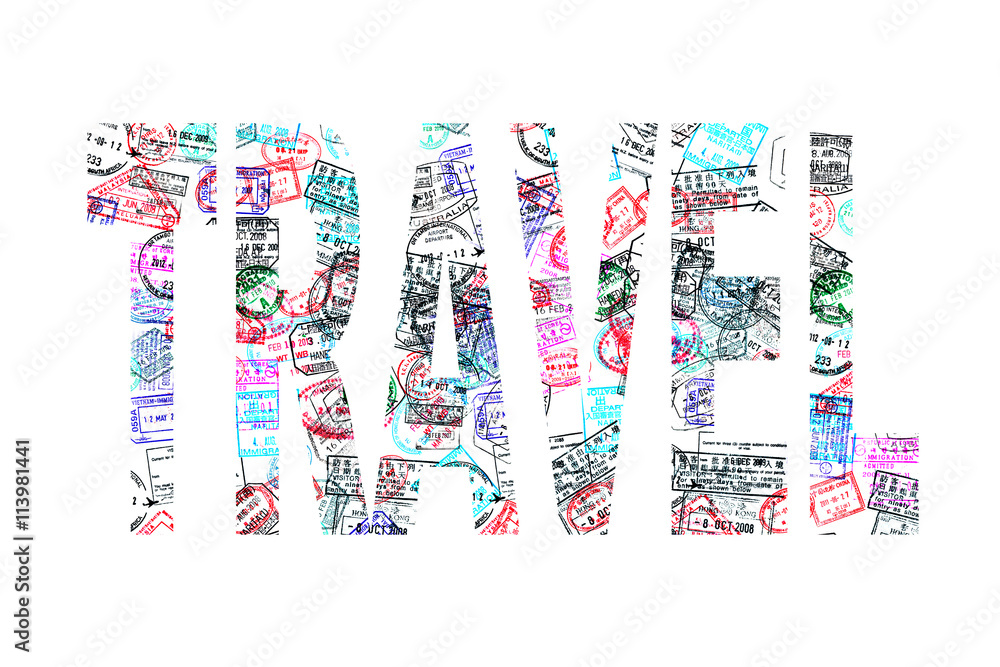 Fototapeta premium Word travel created with passport stamps on white background, travel concept