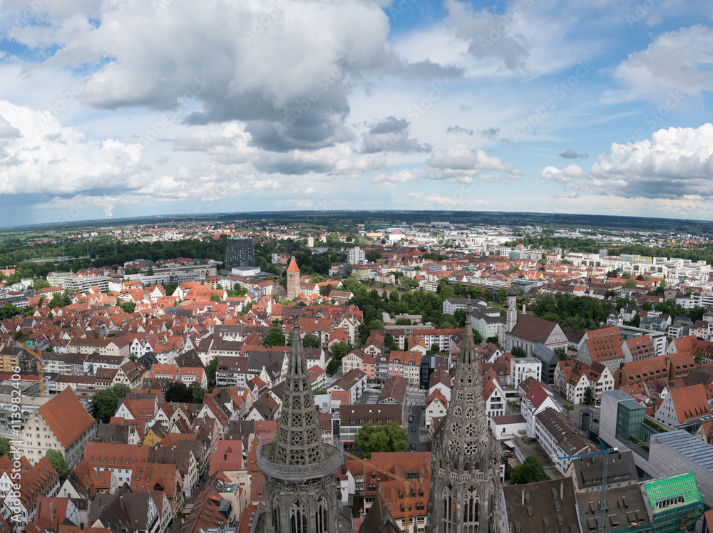 Ulm and Danube river bird view, Germany. Ulm is primarily known for having the tallest church in the world, and as the birth city of Albert Einstein.