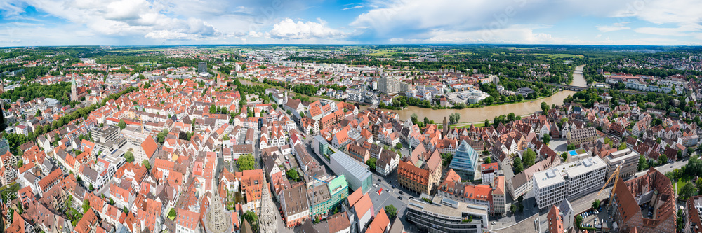 Ulm and Danube river bird view, Germany. Ulm is primarily known for having the tallest church in the world, and as the birth city of Albert Einstein.