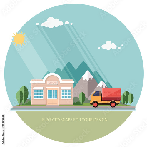 Truck delivery of goods. roadside shop on a background of mounta