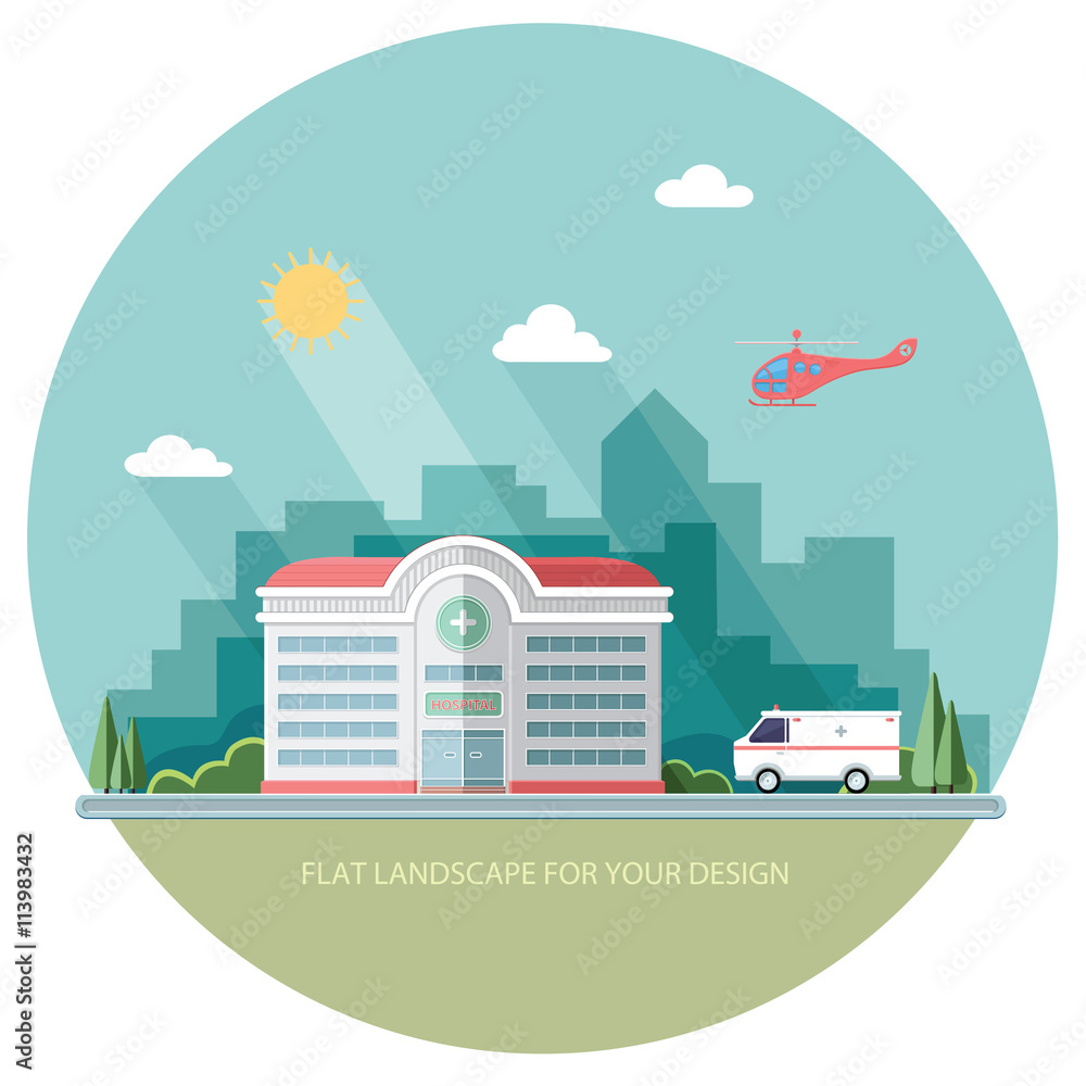 Naklejka premium City landscape. Hospital on the background of the city. Clinic b