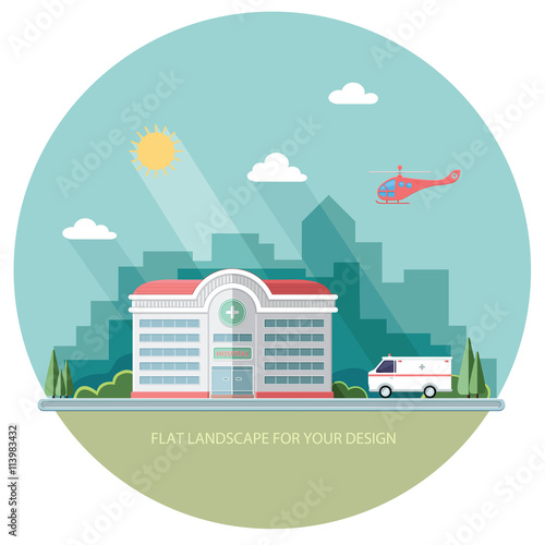 City landscape. Hospital on the background of the city. Clinic b