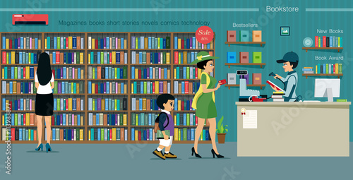 Women are buying books with a credit card inside the bookstore.