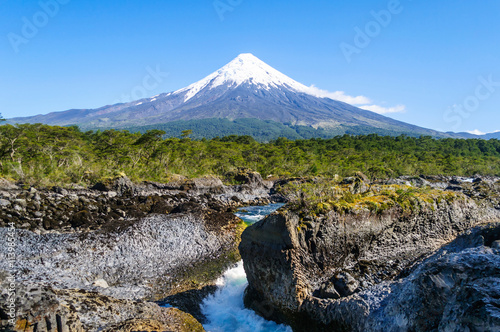 Petrohue Falls with Osorno Volcano, Patagonia, Chile, South America
