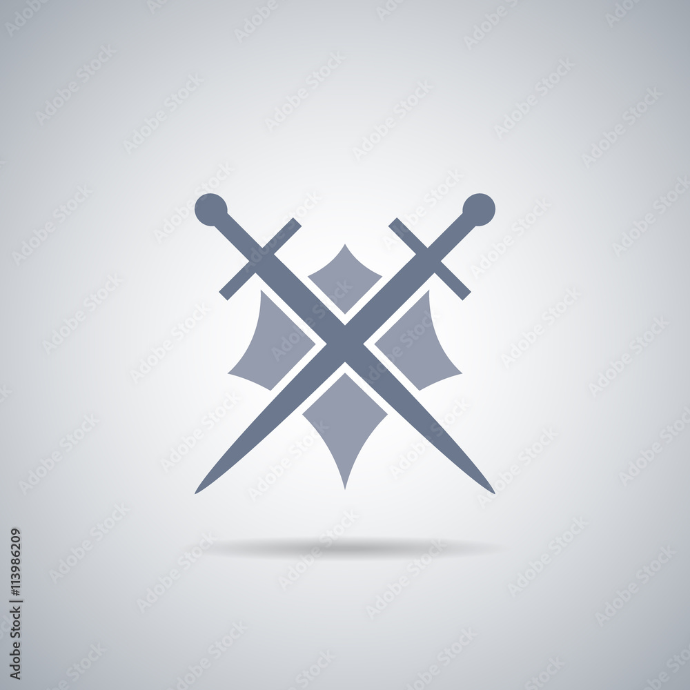 Shield and sword icon,shield and sword silhouette with shadow Shield and sword icon,shield and sword silhouette with shadow