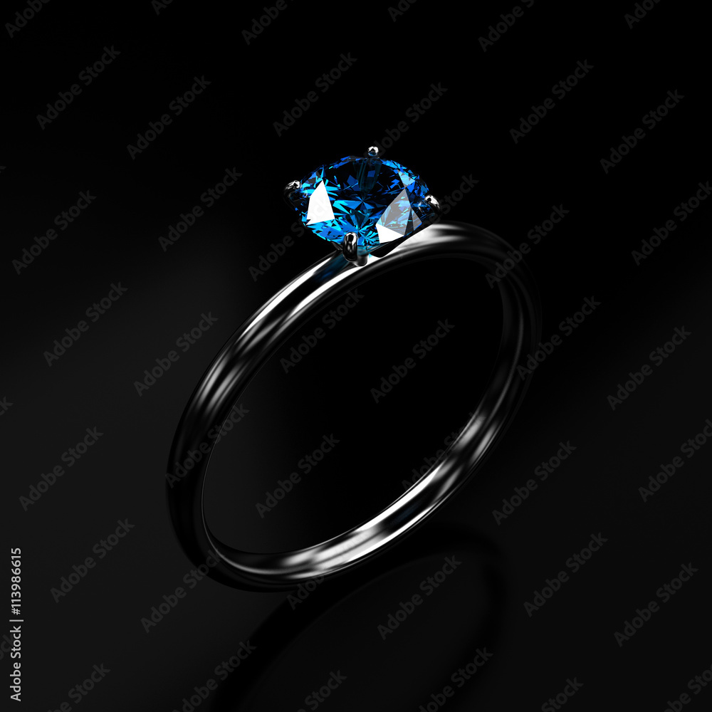 Blue diamond ring on dark background , 3d rendering Blue diamond ring on dark background , 3d rendering