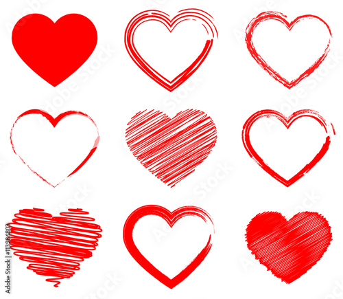 Red hearts set, isolated on white background, vector illustration.