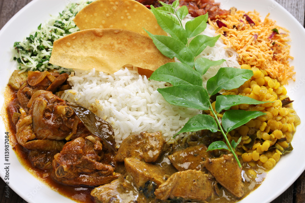 Fotobehang Assortiment sri lankan rice and curry dish #113987084