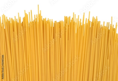 Uncooked Italian pasta spaghetti on a white