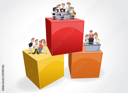 3d design of a text box frame background with cartoon business people working on office

