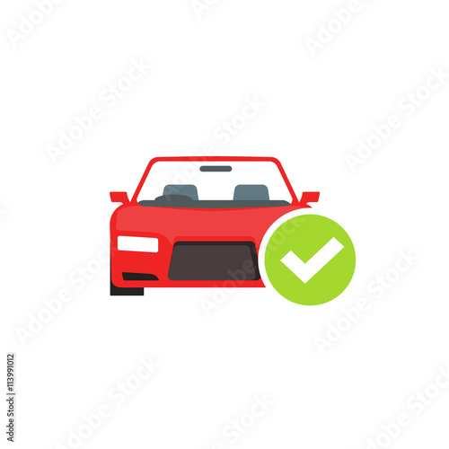Red car with green checkmark icon, concept of car check test passed, auto diagnostic service vector emblem isolated on white background