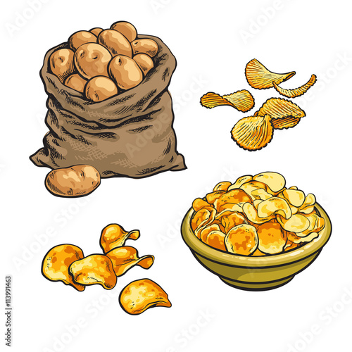 fried potato chips and fresh, vector sketch hand-drawn illustration isolated on white background set with potatoes, various fried potato chips, chips in a bag in a bowl