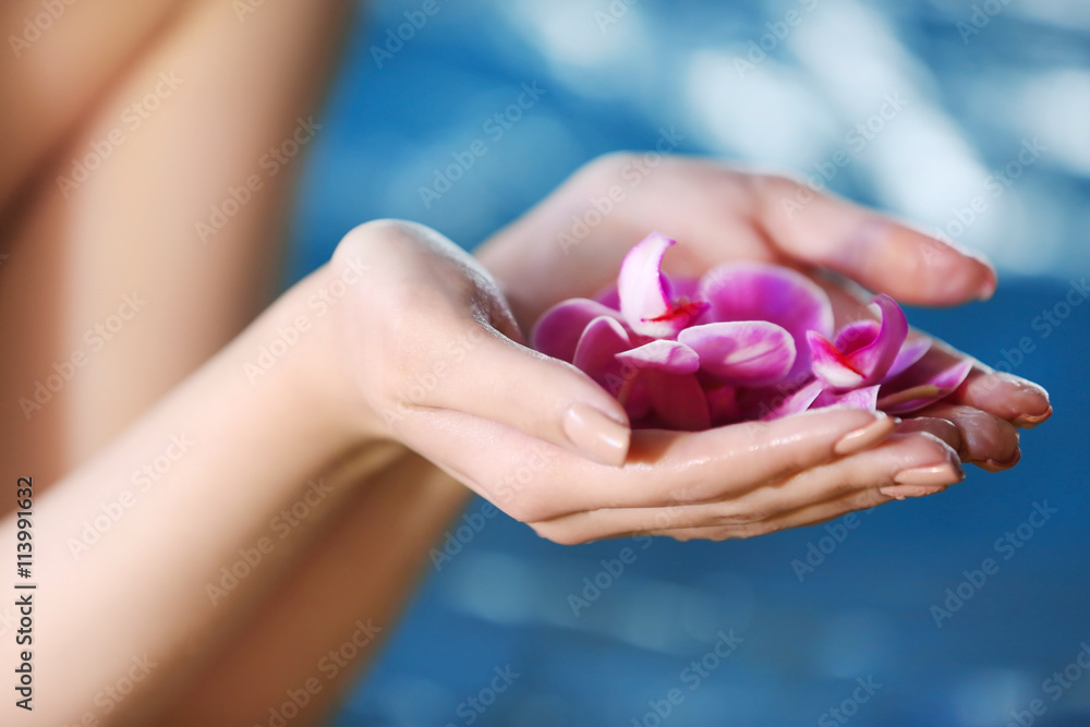 Female hands with pink orchids in swimming pool Female hands with pink orchids in swimming pool