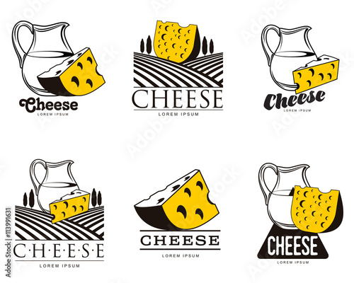 large set of various logo with cheese, vector simple illustration isolated on white background, set of cheese emblems, symbols, logo design concepts, set of cheese logo with a jug of milk
