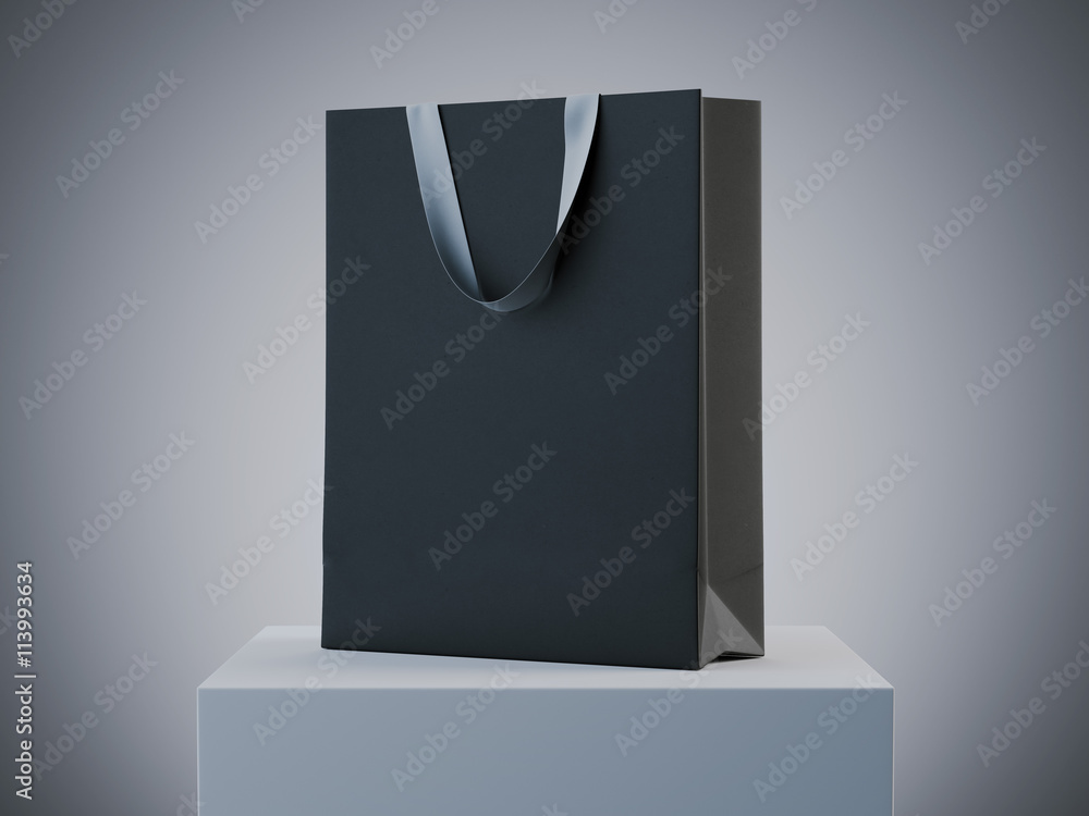 Black shopping bag on white podium. 3d rendering
