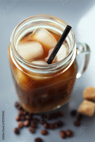 Jar of glass iced coffee, closeup