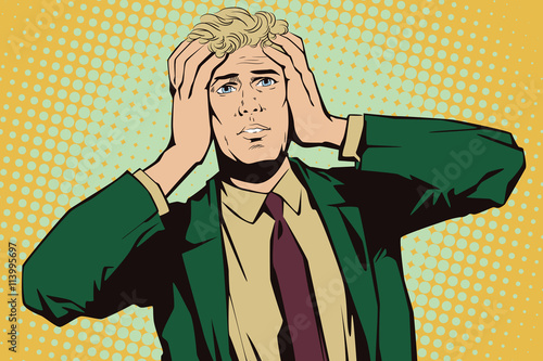 People in retro style. Upset man clutching his head.