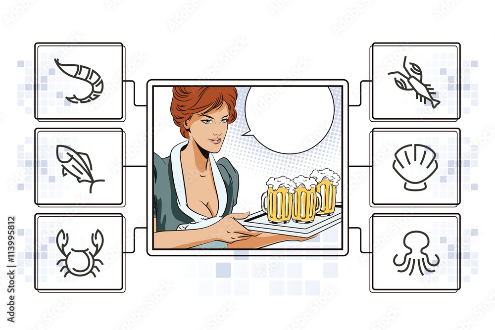 Girl waitress with beer. Infographic for your brand.