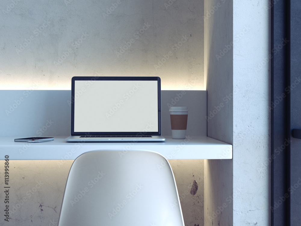 Minimalistic workplace with laptop. 3d rendering