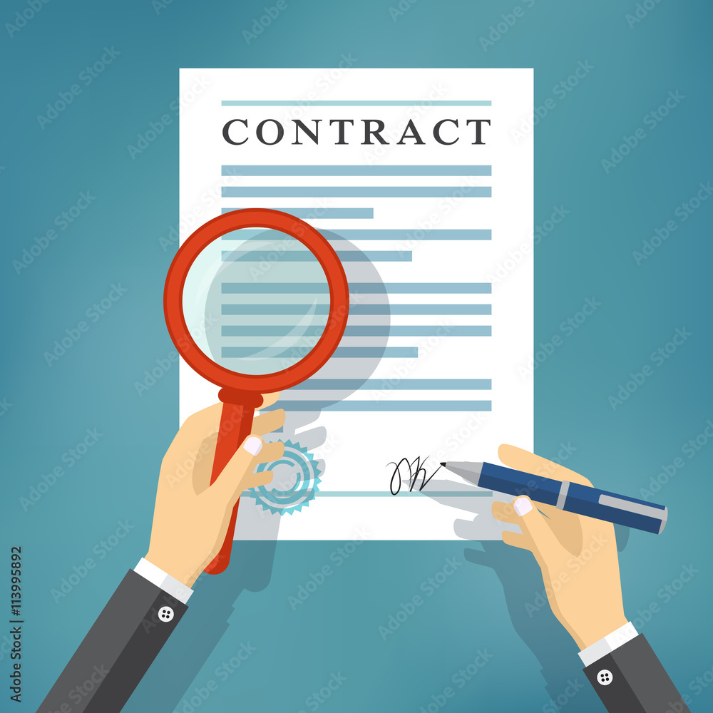 Hand checking contract with a magnifying glass. Hand checking contract with a magnifying glass.