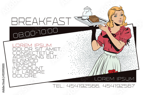 Waitress with breakfast. Template ads or business card.