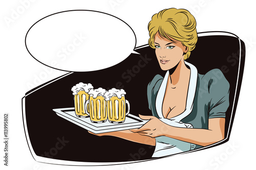 People in retro style. Girl waitress with beer.