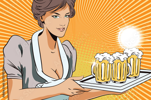 People in retro style. Girl waitress with beer.