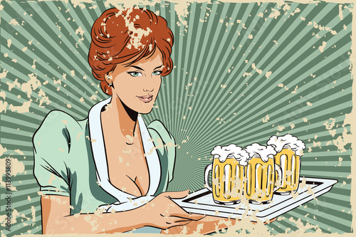 Girl waitress with beer. Grunge version.