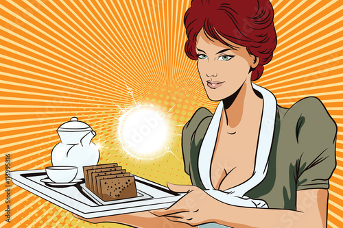 People in retro style. Girl waitress with breakfast.