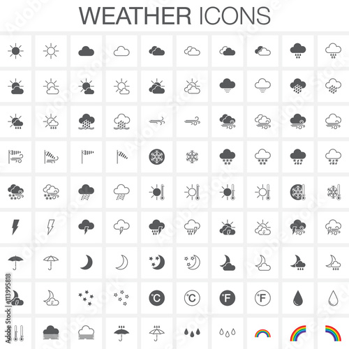 Weather icons set. Full and outline versions. 