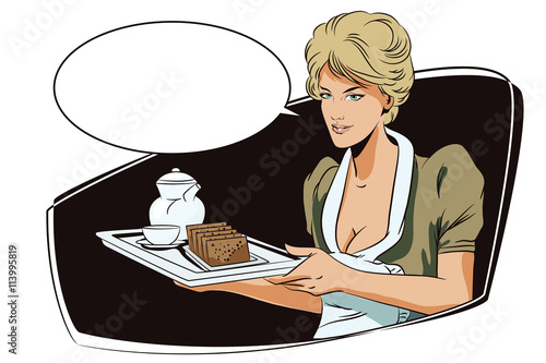 People in retro style. Girl waitress with breakfast.