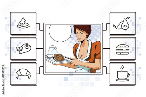 Girl waitress with breakfast. Infographic your brand.