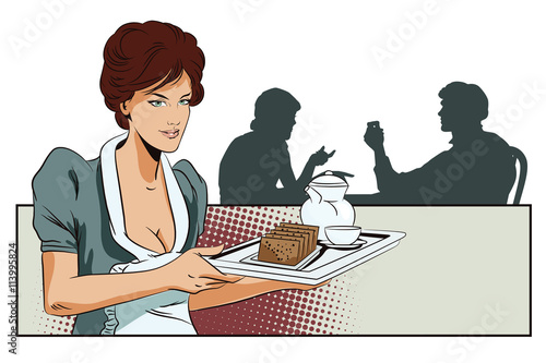 Girl waitress with breakfast. Silhouettes other people.