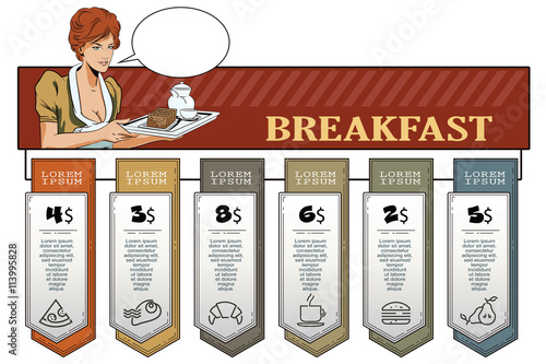 Hand paints picture. Girl waitress with breakfast.
