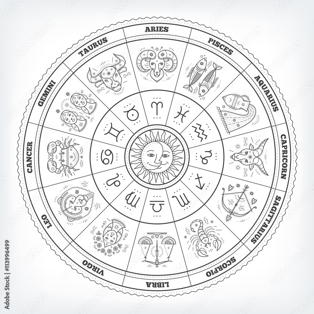 Zodiacal circle with astrology signs. Vector design element isolated on white background. - obrazy, fototapety, plakaty 