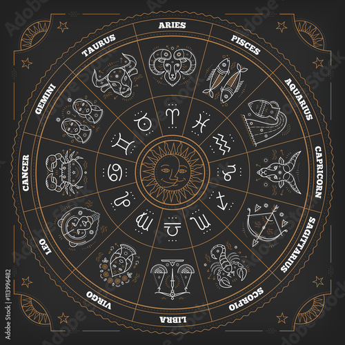 Zodiac circle with horoscope signs. Thin line vector design. Astrology symbols and mystic signs.