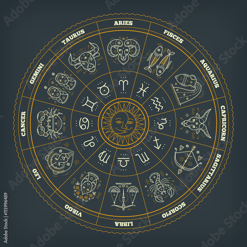Zodiac circle with astrology symbols. Vector illustration.