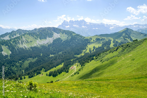 Beautiful green landscape with mountains in Alps  Portes du Soleil region touristic  France and Switzerland together.