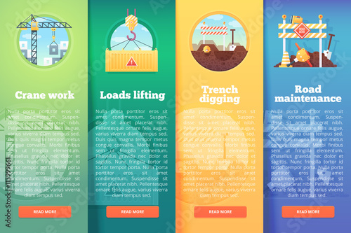 Set of building and construction vector flat banners. Design and renovation vertical layout concepts. Flat modern style.