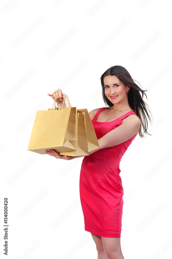 Picture of lovely woman in red dress with biodegradable shopping Picture of lovely woman in red dress with biodegradable shopping